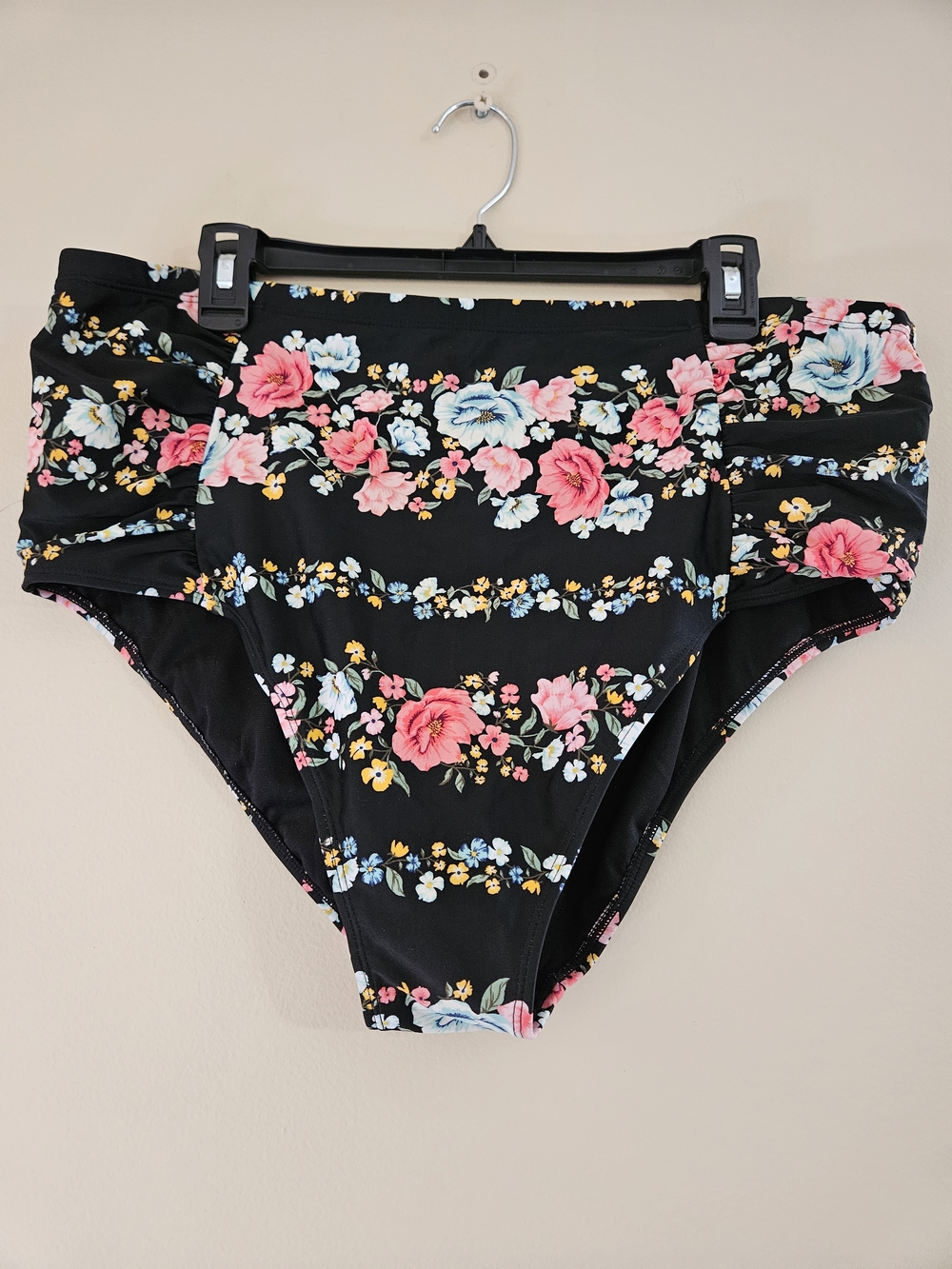 High-Waist Floral Bikini Bottoms - Black with Pink & Blue Flowers